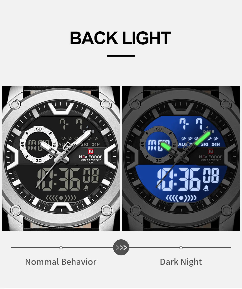 NAVIFORCE Man's Watch Quartz Dual Display Waterproof Leather Strap Alarm Male Simple Fashion Business Casual Wristwatch Gift Box
