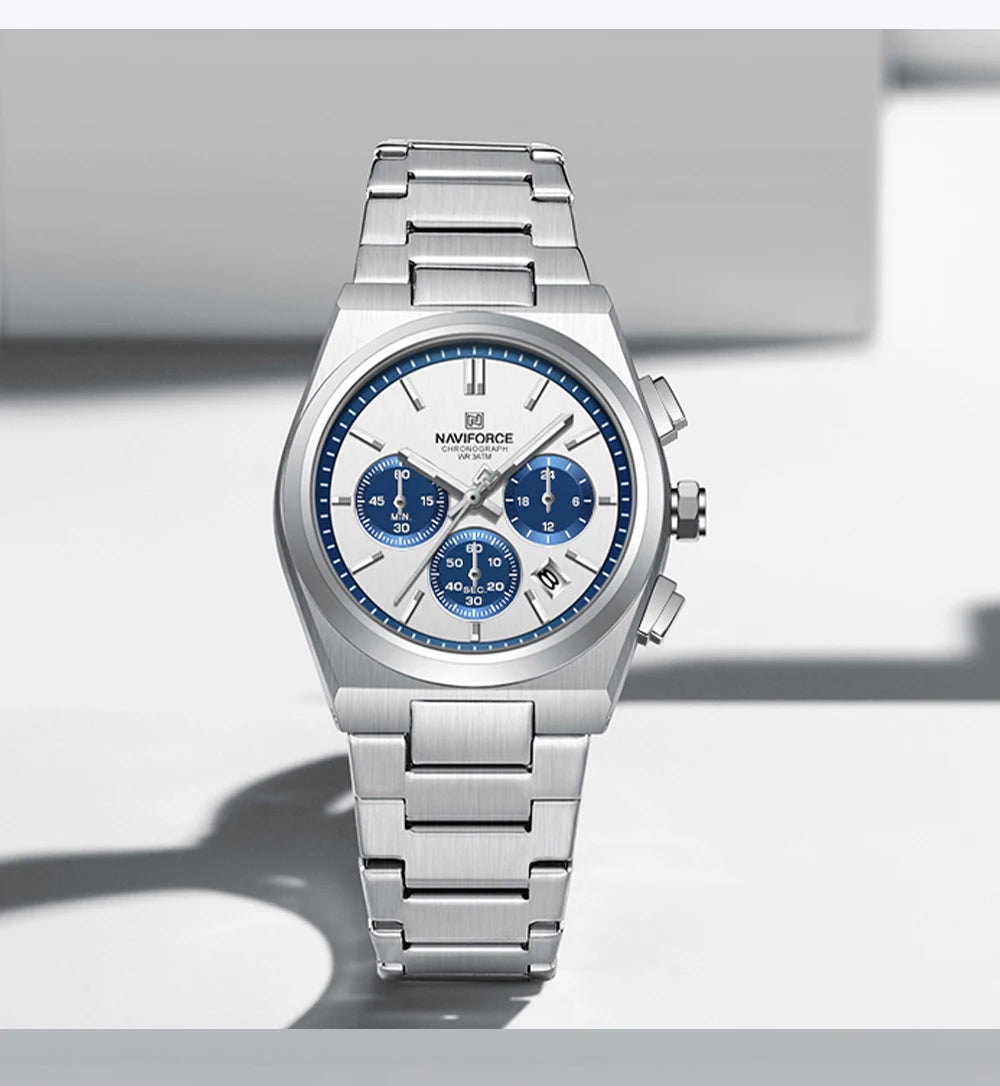NAVIFORCE Male Quartz Stylish Watches Chronograph Waterproof Luminous Hands Stainless Steel Band Men Luxury Business Wristwatch