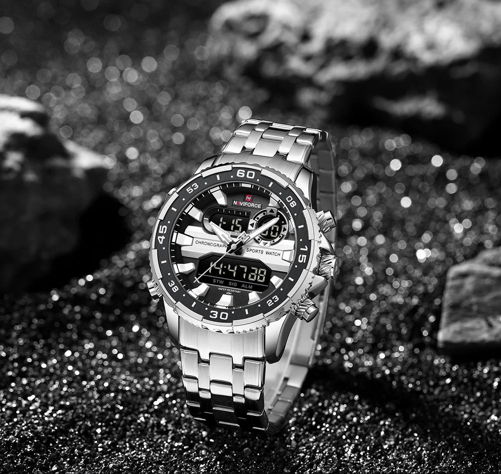 Gifts for Boyfriends NAVIFORCE Men's Silver Black Quartz Watch LCD Digital Waterproof  Wristwatch Male Luminous Hands Date Clock