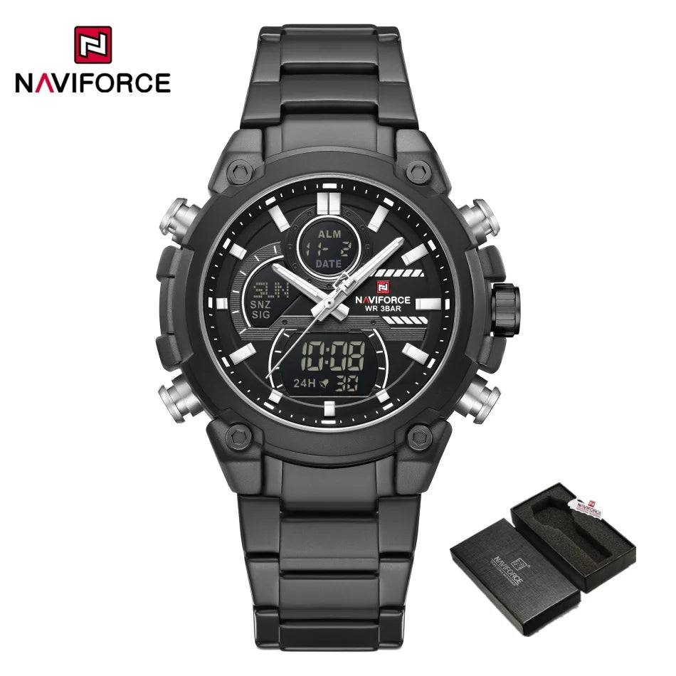 NAVIFORCE Watch For Men Stainless Steel Sport Casual Fashion Dual Display Sport Multifunction Chronograph men Waterproof Watch
