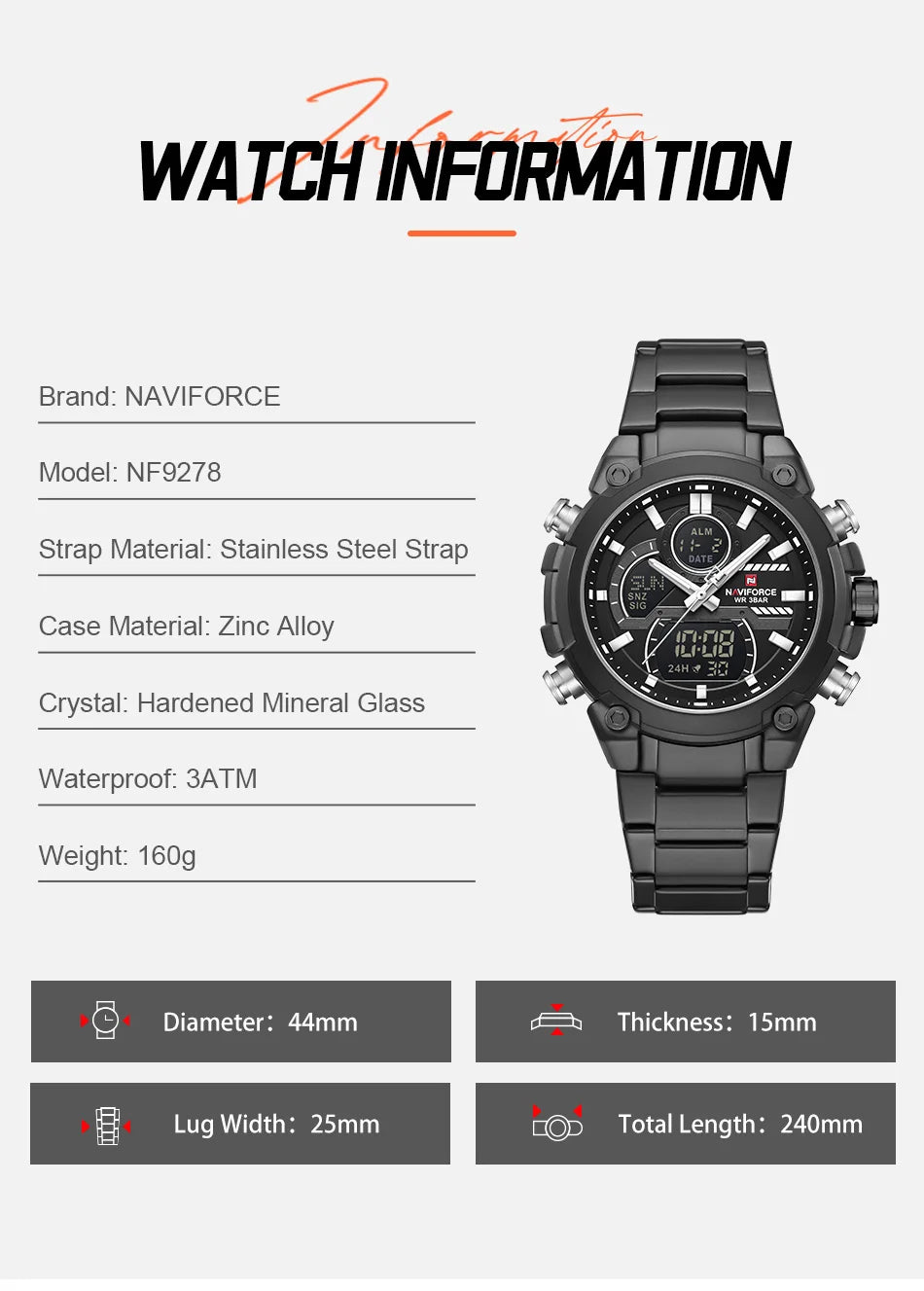 NAVIFORCE Men's Watch Luxury Quartz LCD Digital Sports Military Style Dual Display Chronograph Alarm Clock Wristwatch Gifts Box