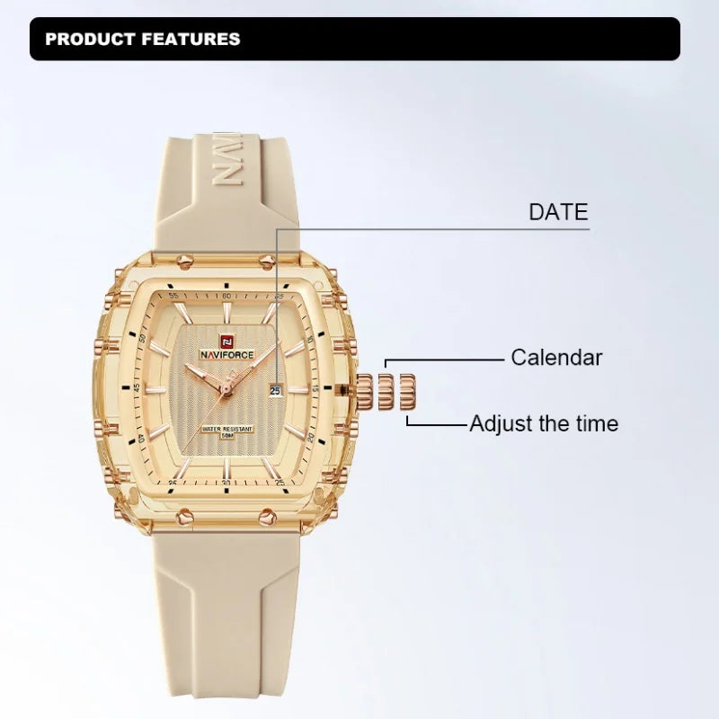 NAVIFORCE Woman's Watch Quartz Calendar 5ATM Waterproof Silica Strap Elegant Ladies Luxury Stylish Simple Wristwatch Gift Box