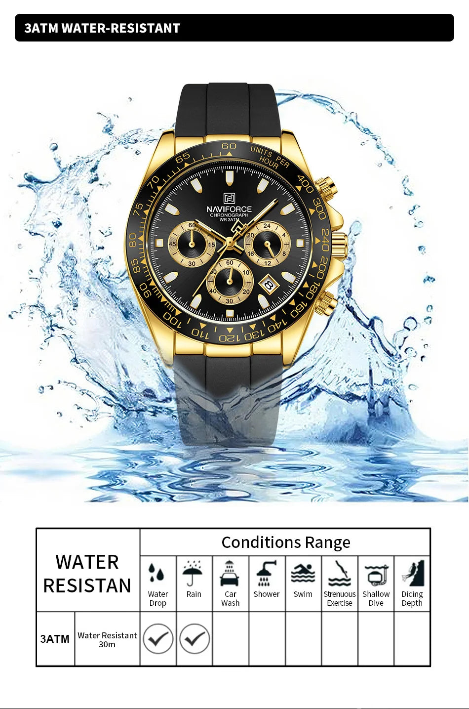 NAVIFORCE Brand Fashion Luxury Watch For Men Waterproof Chronograph Clock Business Casual Silicone Strap Wristwatches 2024 New