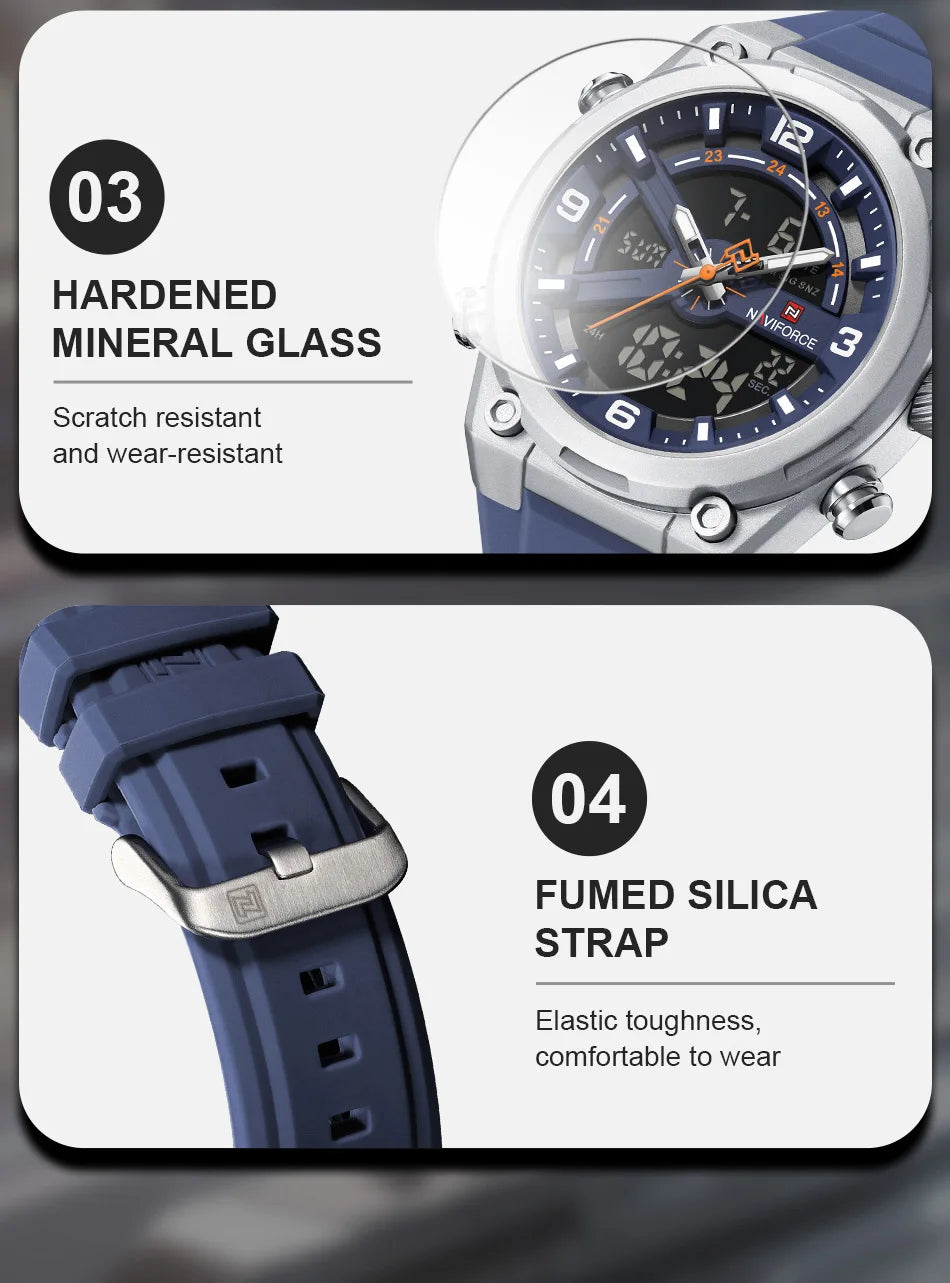 NAVIFORCE Man Watch Fashion Casual Sports Dual display Silicone Strap Waterproof Alarm Chronograph Day and Date Watches for Men