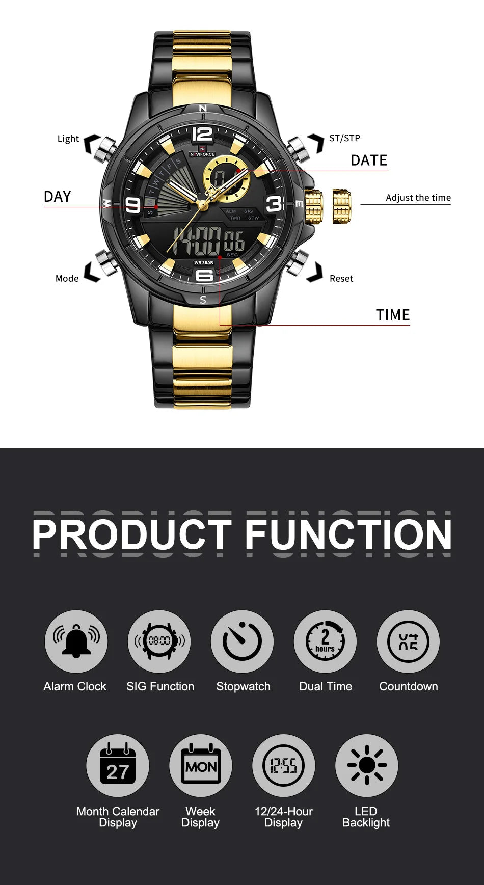 NAVIFORCE Luxury Man's Watch Quartz Chronograph Dual Display 3ATM Waterproof Military Style Sports Wristwatch Gift Box For Men