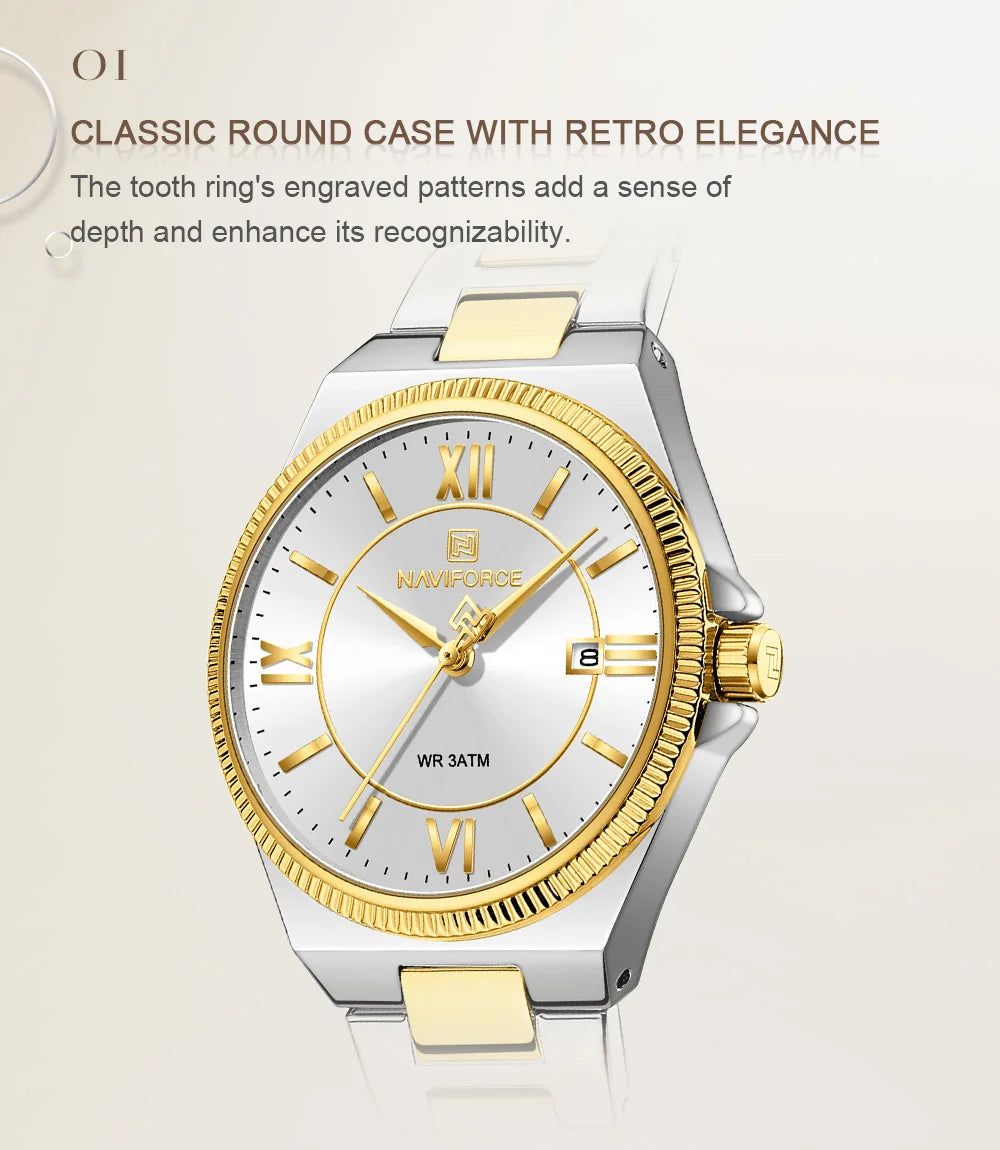 NAVIFORCE Women's Quartz Watch 3ATM Waterproof Date Display Stainless Steel Fashion for Daily Dress Lady Wristwatch Gifts Box