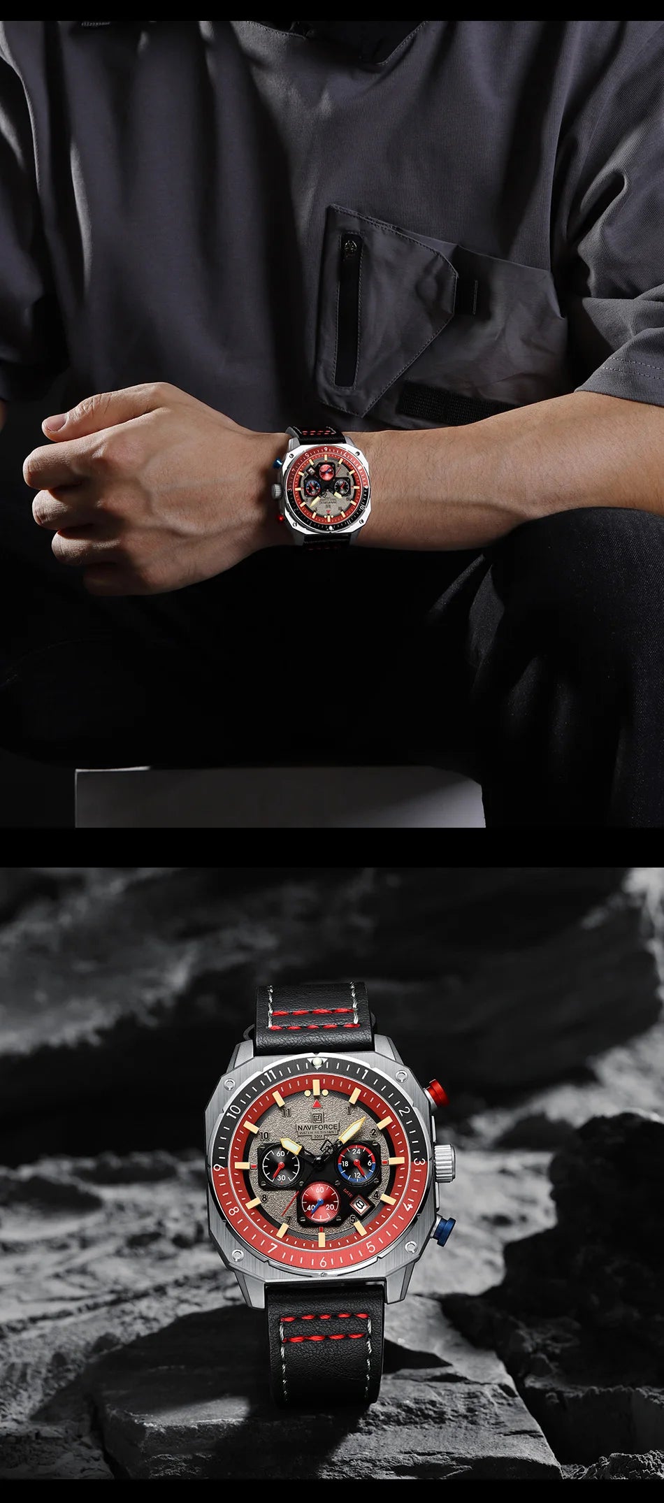 NAVIFORCE Sports Multifunction 24 Hours Date Display Waterproof Watch for Men Fashion Leather Quartz Analog Luminous Wrist Watch