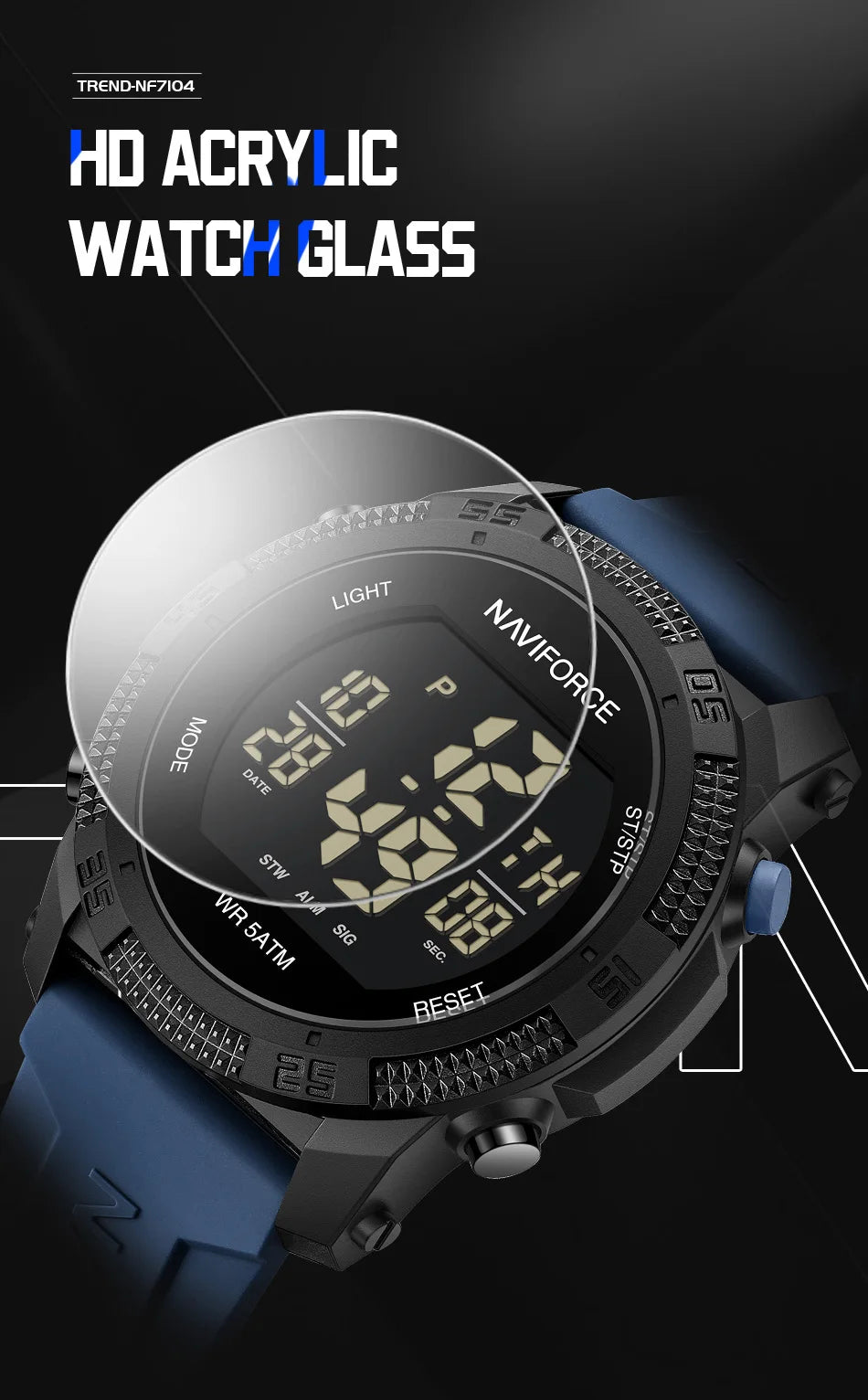 NAVIFORCE Men's Electronic Watch Fashion 5ATM Waterproof Silicone Strap Calendar Male LCD Digital Wristwatch Relogio Masculino