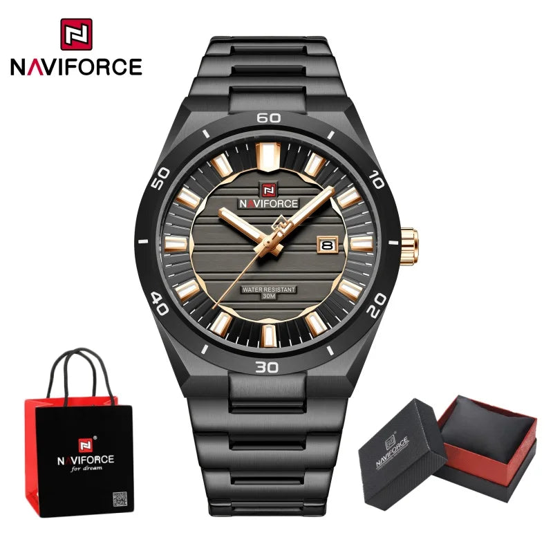 NAVIFORCE Men Quartz Watch Date Display Luminous Waterproof Steel Strap Original Fashion Father's Day Wristwatch Gift Box NF9268