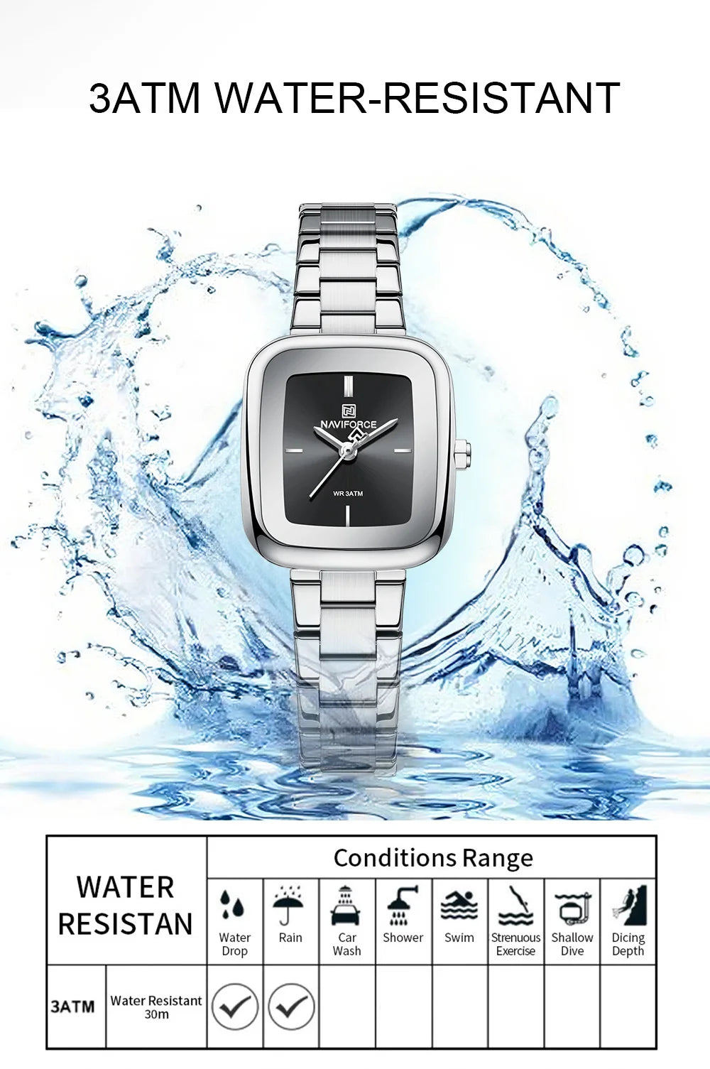 NAVIFORCE Unique Square Watches for Women 30M Waterproof Women's Stainless Steel Watches Sports Fashion Ultra Light Girls' Watch