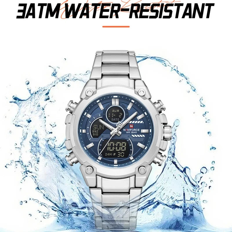 NAVIFORCE Watch For Men Stainless Steel Sport Casual Fashion Dual Display Sport Multifunction Chronograph men Waterproof Watch