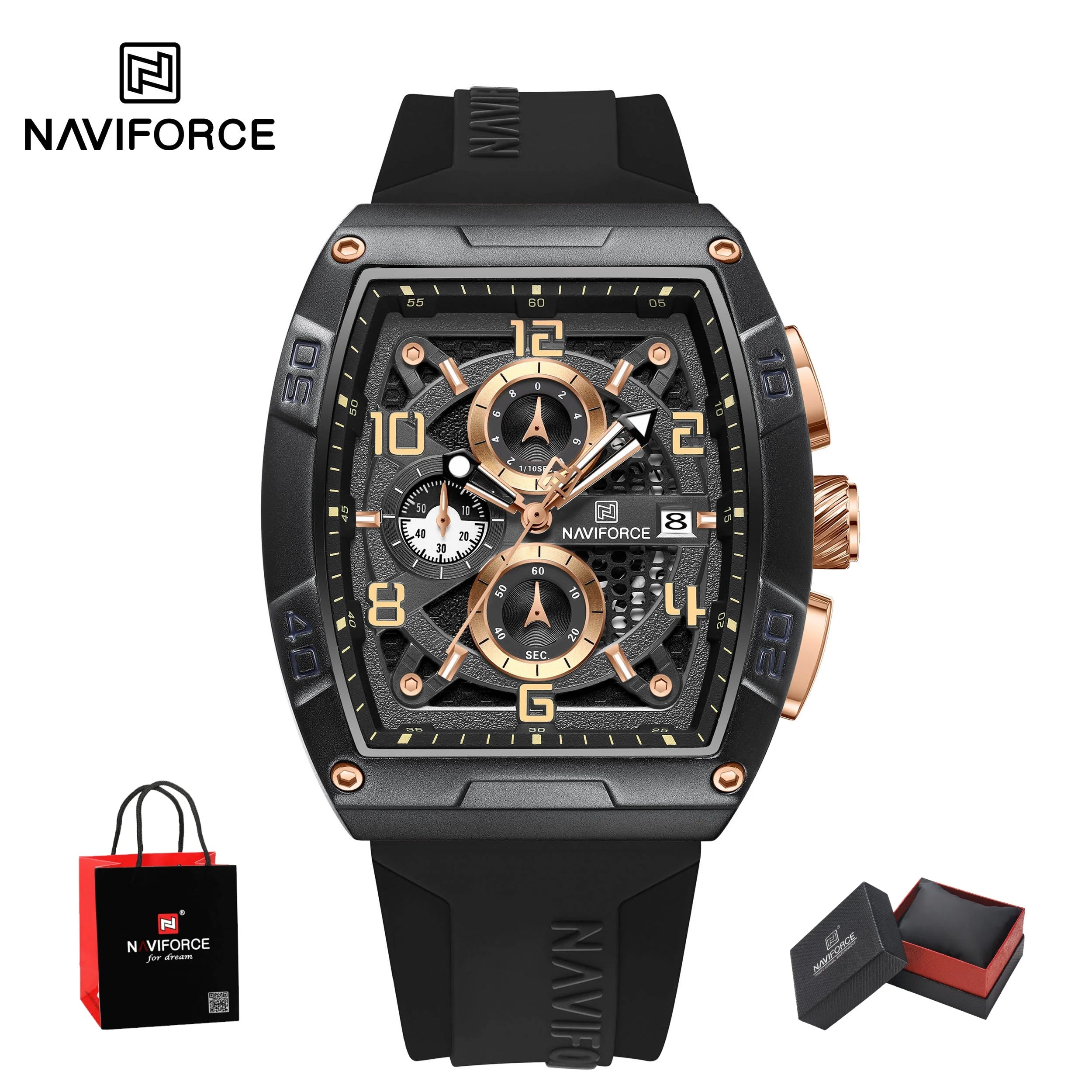 NAVIFORCE Fashion Men’s  Large Dia Multi-function PU Waterproof Clock Gold Design Quartz Watches Casual Male Wrist Watch Gifts