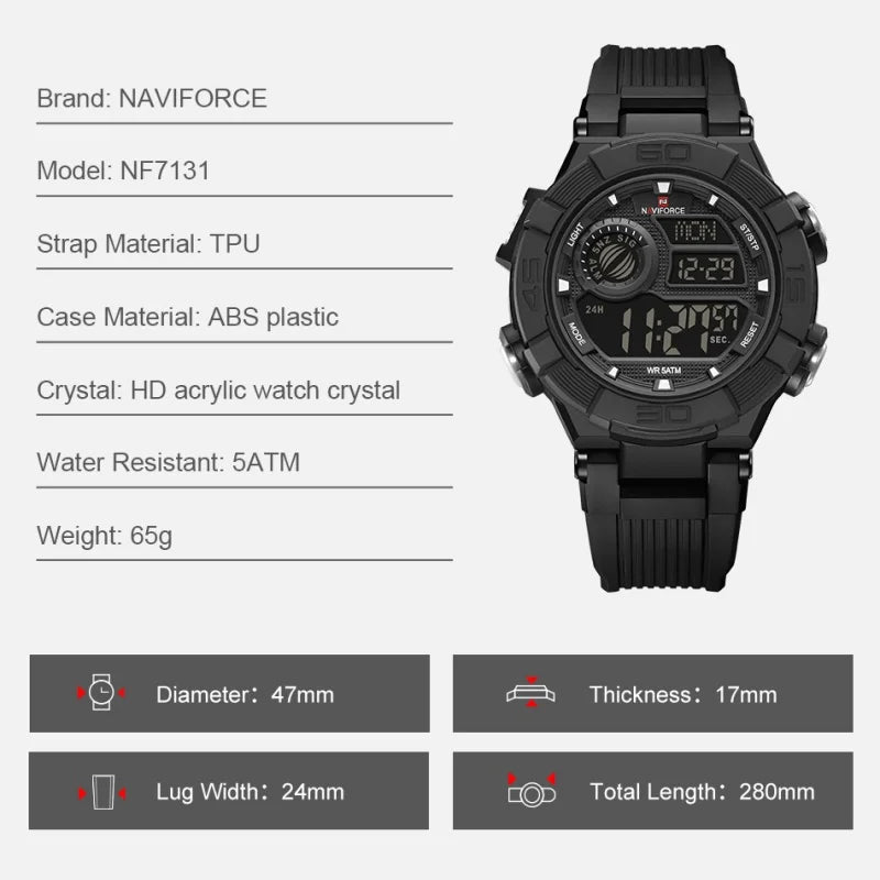 NAVIFORCE Man's Watch LCD Digital NF7131 Original Design Luminous Big Dial TPU Strap Outdoor Wristwatch Gift Box for Students