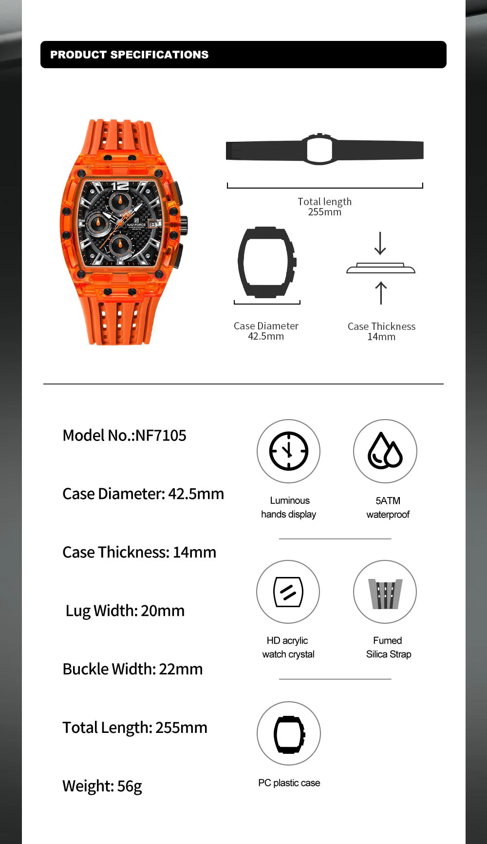 NAVIFORCE Men's Quartz Watch Multifunctional Colorful Chronograph Top Brand Silicone Strap 5ATM Waterproof Tonneau Wristwatches