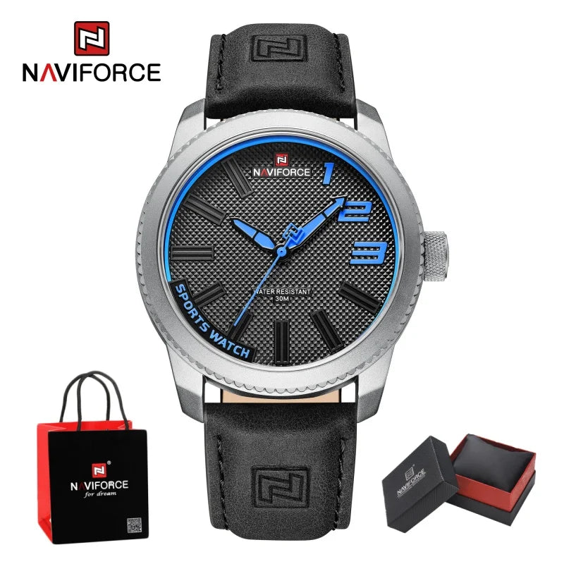 NAVIFORCE Man's Simple Fashion Quartz Watch Waterproof Soft PU Strap Mature Male Outdoor Daily Wear Sports Wristwatch Gifts Box
