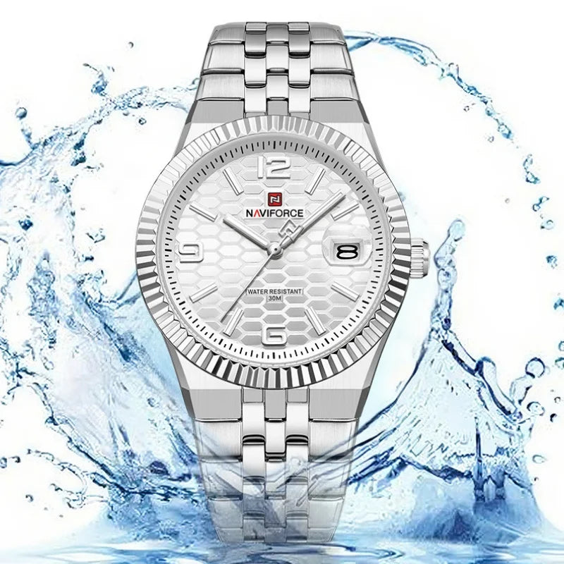 NAVIFORCE Couple Watch Quartz Calendar 3ATM Waterproof Stainless Steel Trendy Luxury Lover Wristwatch for Men and Women Gifts