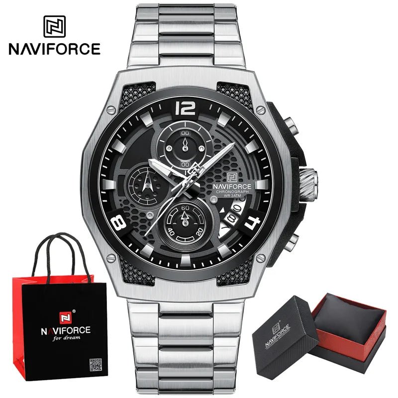 NAVIFORCE Business Watches for Men Fashion Stainless Steel Quartz Chronograph Waterproof WristWatch Male In Luxury Package Gifts