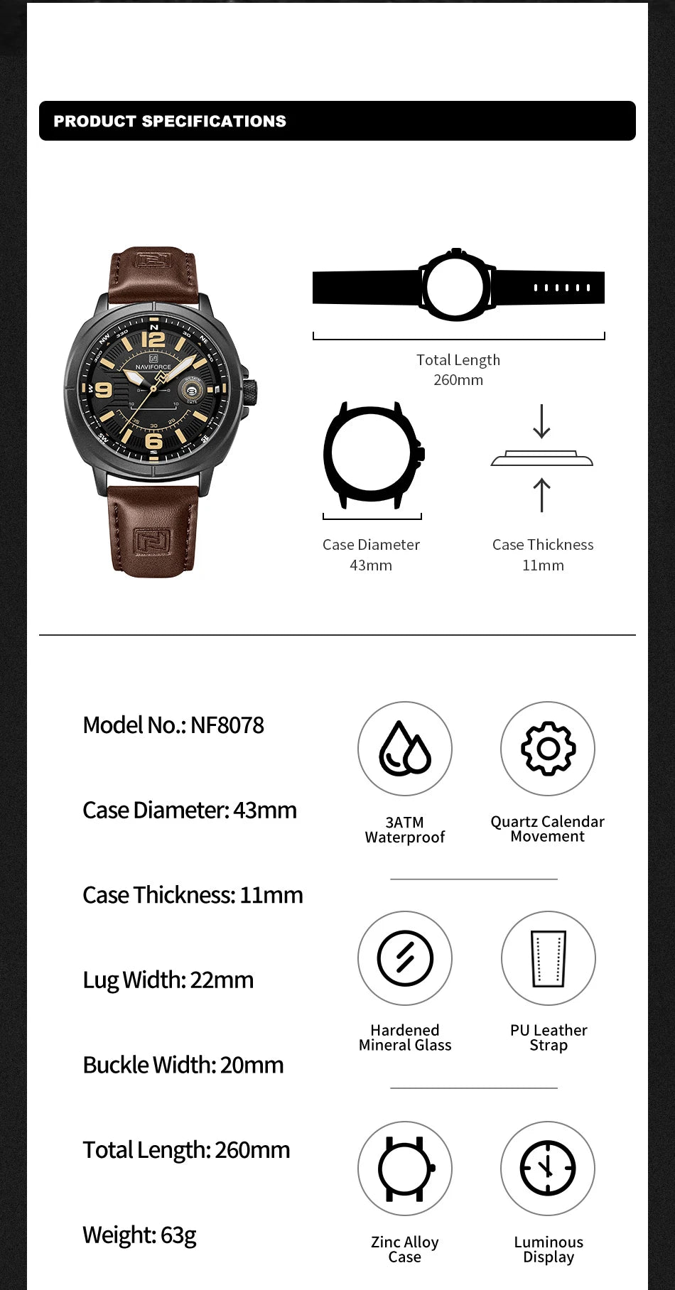 NAVIFORCE New Male Wristwatch Gift Box Quartz Calendar PU Band Calendar High Quarlity 30M Waterproof Business Man's Watch NF8078