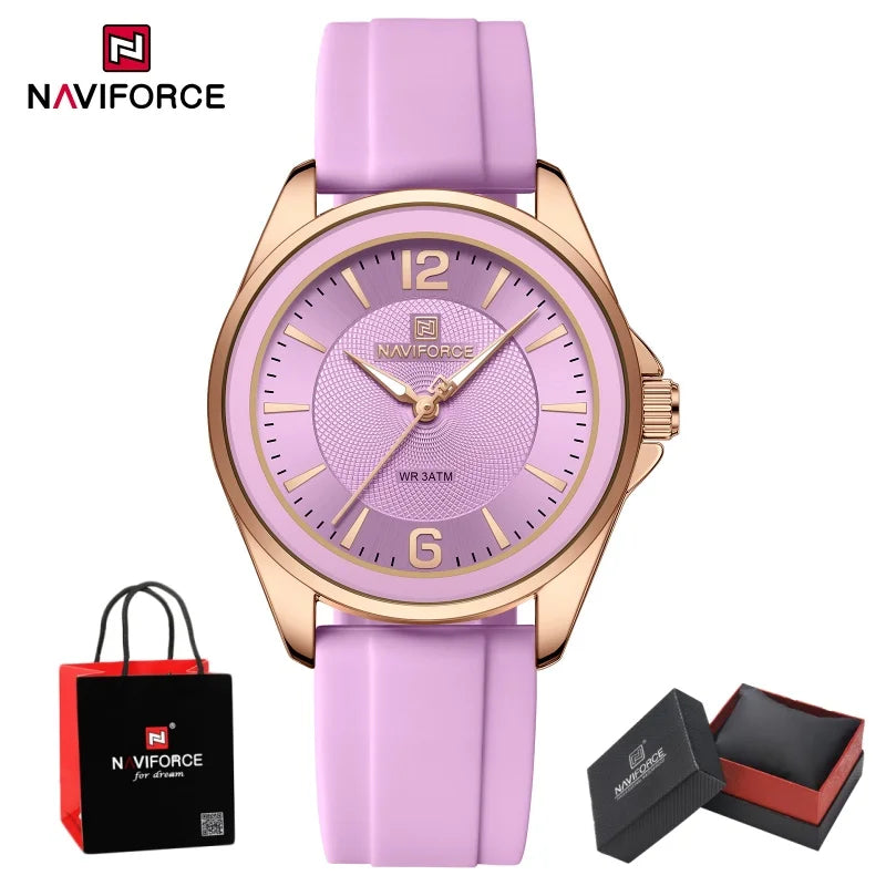 NAVIFORCE Top Brand Women's Quartz Watch Silicone Strap Fashionable Wristwatch Comfortable Girls Simple Gift Clock Box NF5068