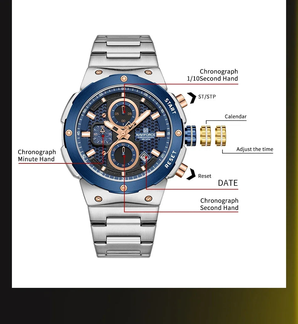 NAVIFORCE Luxury Brand Business Casual Watch Sports Multifunctional Chronograph Watches Mens Quartz Stainless Steel Wristwatches