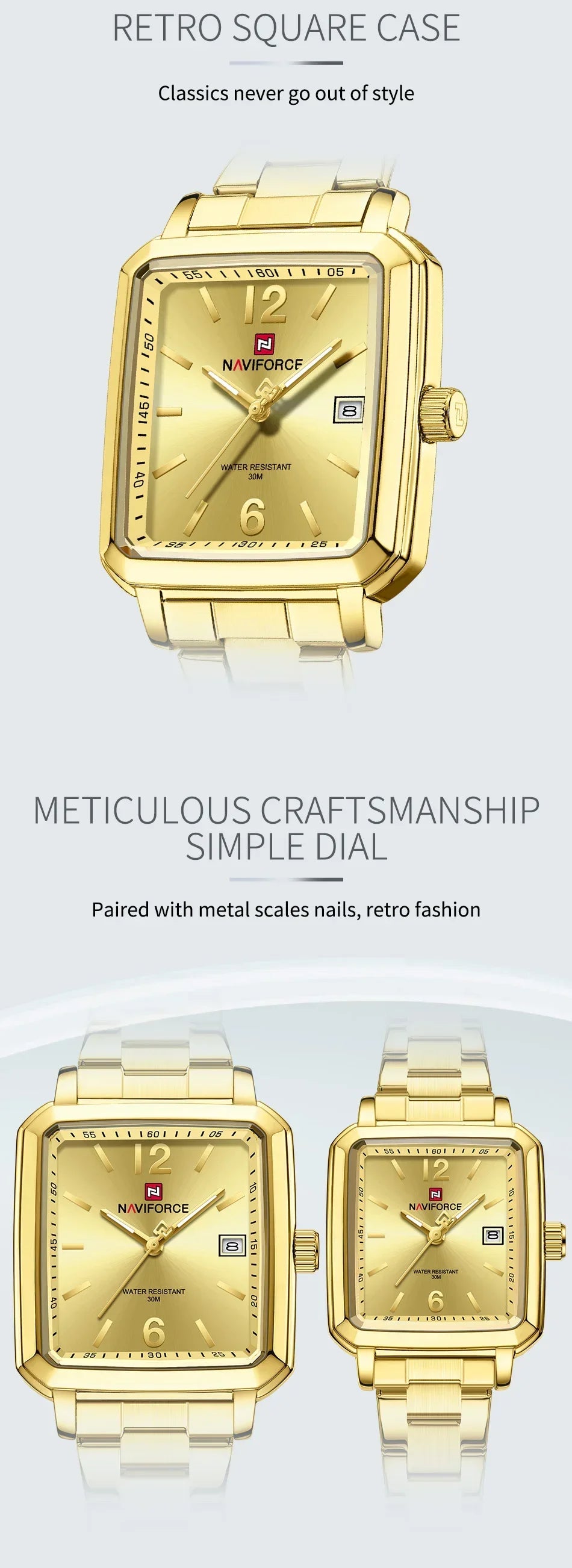 NAVIFORCE Square Design Lover's Watches Original Casual Waterproof Calendar Luxury Sports Quartz Watch for Women Men Date Gift