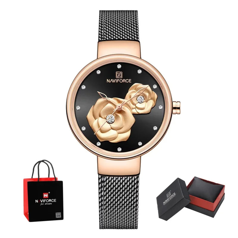 NAVIFORCE Woman's Quartz Watch Steel Band Creative Design Female Luxury Dress Clock Relogio Feminino Wristwatch Gift Box NF5013
