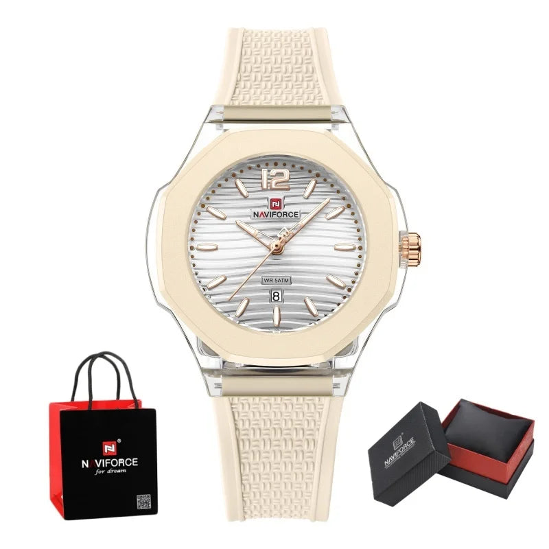 NAVIFORCE Woman's Watch Quartz Waterproof Silicone Band Date Display Wristwatch Luxury Trendy Ladies Dress Wristwatch Gifts Box