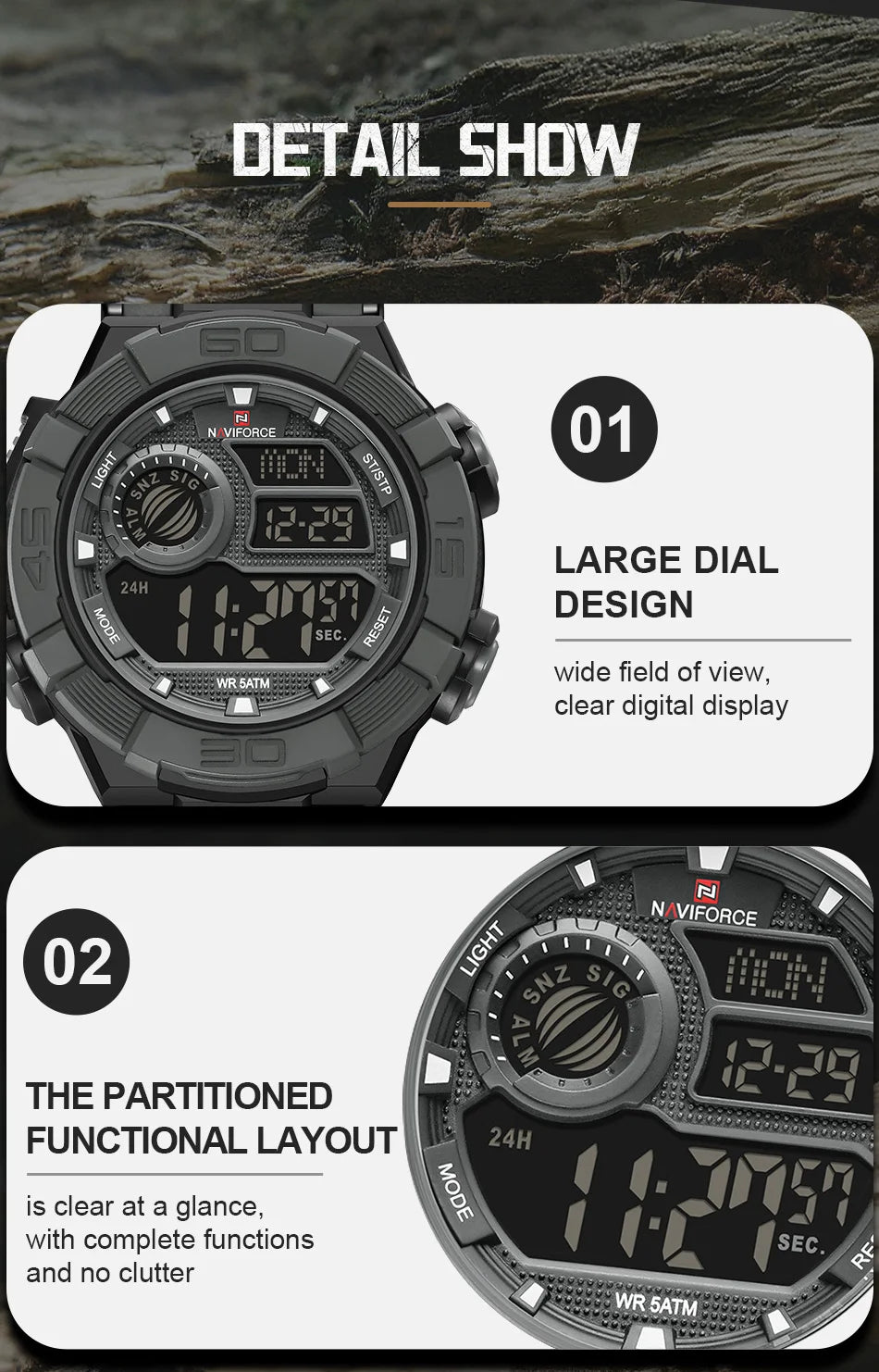 NAVIFORCE Men's Watch LCD Digital 50M Waterproof Multifunction Soft TPU Strap Military Style Teenager Sports Outdoor Wristwatch