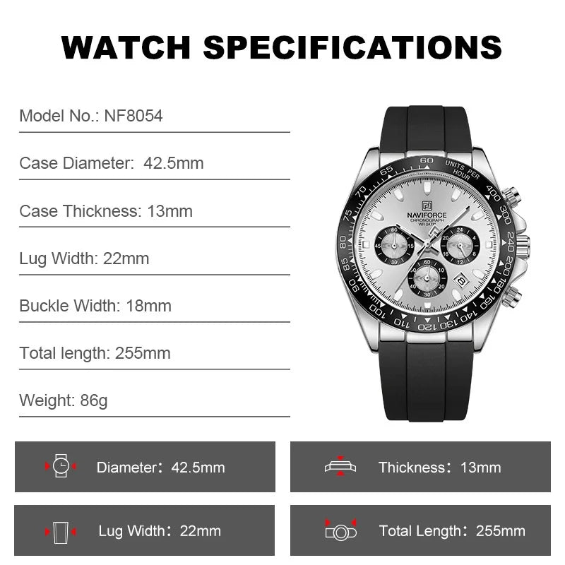 NAVIFORCE Men's Sport Watch Silicone Band Luminous Muti Chronograph Casual Wristwatch Relogio Masculino Male Gift with 2025 Mode
