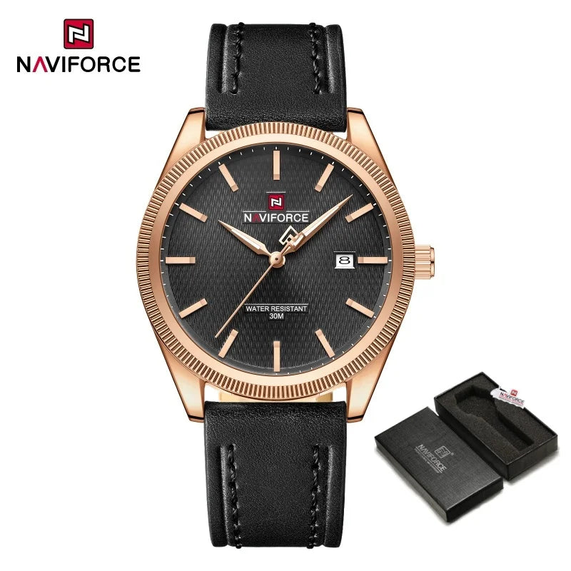 NAVIFORCE Men's Watches Fashion Genuine Leather Strap 30M Waterproof Male Quartz Wristwatches Luminous Point Date Display Clock