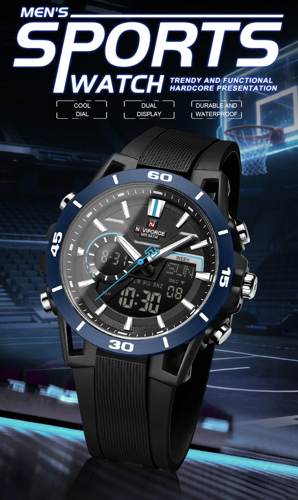NAVIFORCE Men's Fashion Dual Display Watch 5ATM Waterproof Luminous Soft TPU Strap Male Sports Outdoor Daily Wristwatch Gift Box