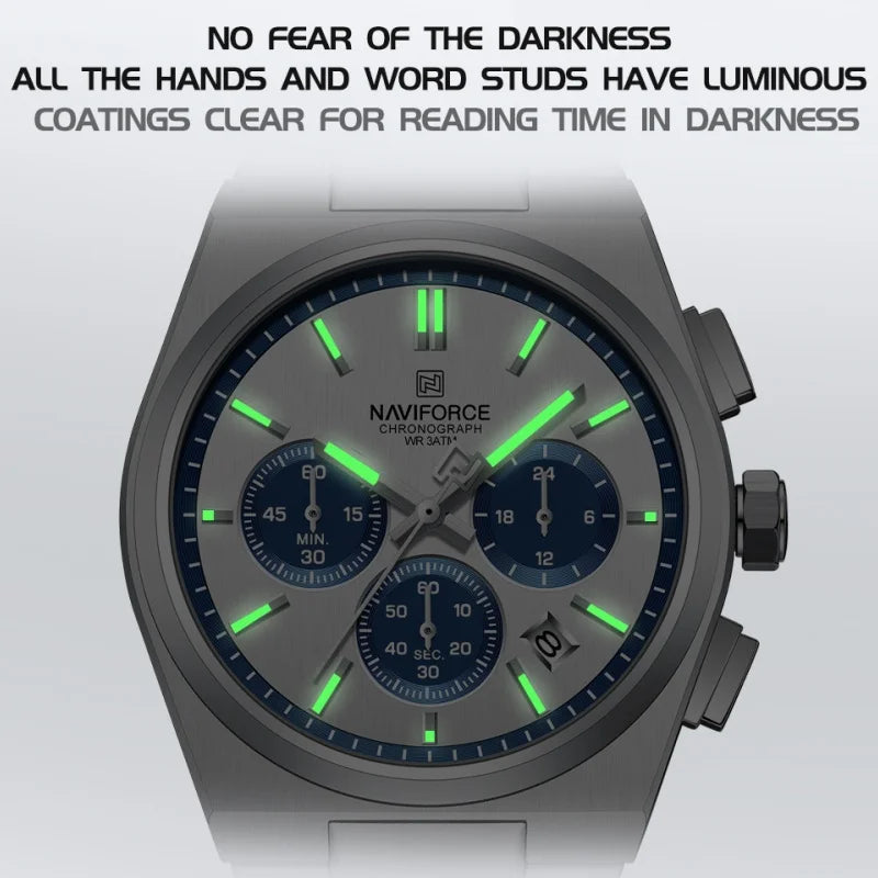 NAVIFORCE Male Quartz Stylish Watches Chronograph Waterproof Luminous Hands Stainless Steel Band Men Luxury Business Wristwatch