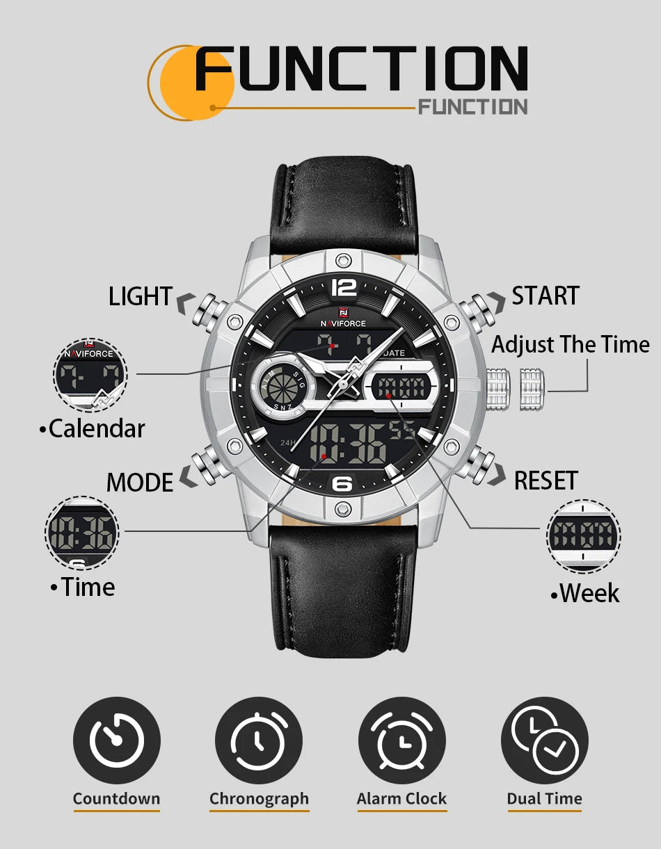 NAVIFORCE Men Watch Quartz Calendar Sports Waterproof Alarm Countdown Automatic Display Fashionable Luxury Wristwatch Gifts Box