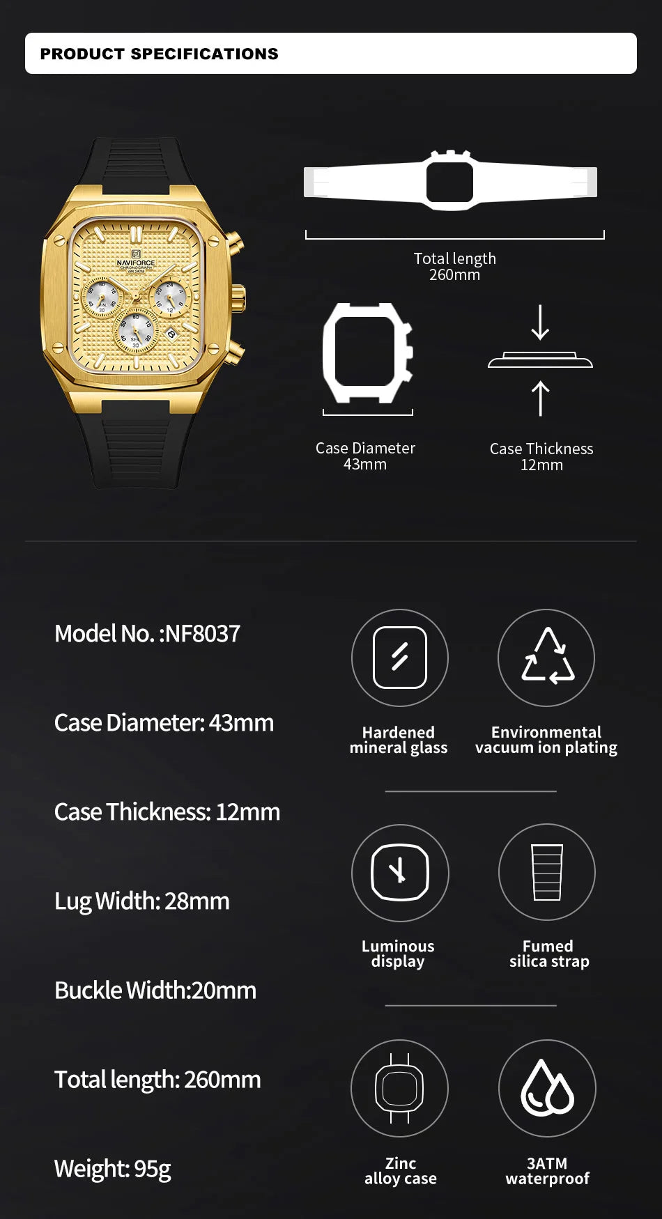 NAVIFORCE Men's Luxury Gold Watch Fashion Silicone Strap Quartz Movement Waterproof Square Wristwatch with Luminous Hands And Da