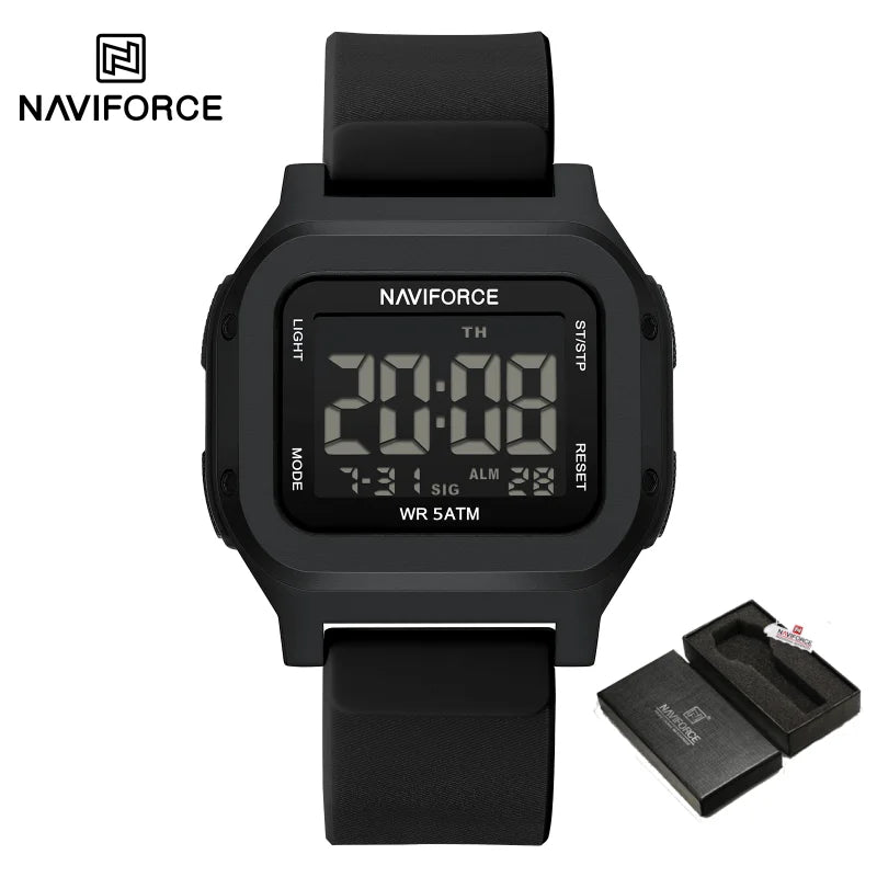 High Quality NAVIFORCE Men's Sport Wristwatch LCD Display 50m Waterproof Alarm Stopwatch BackLight Unique Square Case Gift Clock