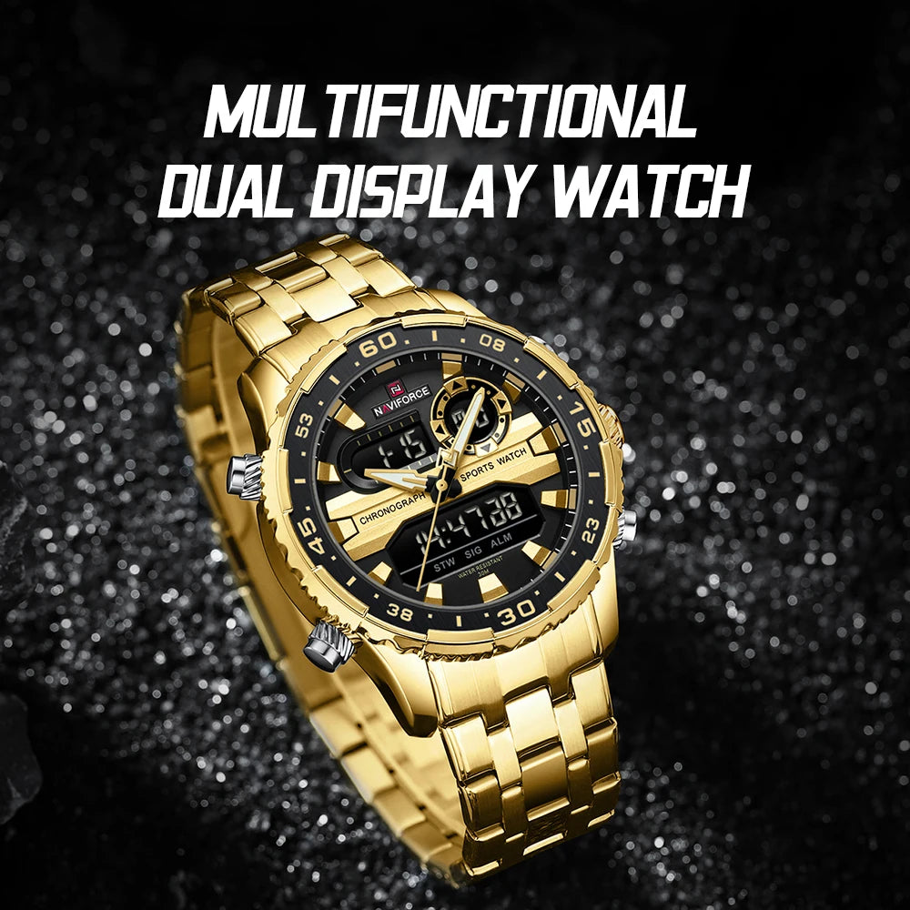 NAVIFORCE Men's Sports Alarm Watch Waterproof Chronograph Quartz Movement Steel Band Digital Date Week Display Wristwatches Gift