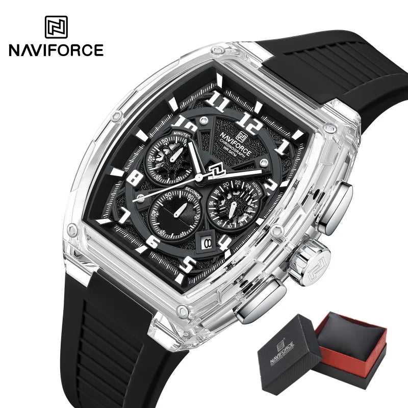 NAVIFORCE Man's Quartz Watch 50M Water Resistant Luminous Male Sports Wristwatch Barrel Dial Multi Function Casual Tech Stylish