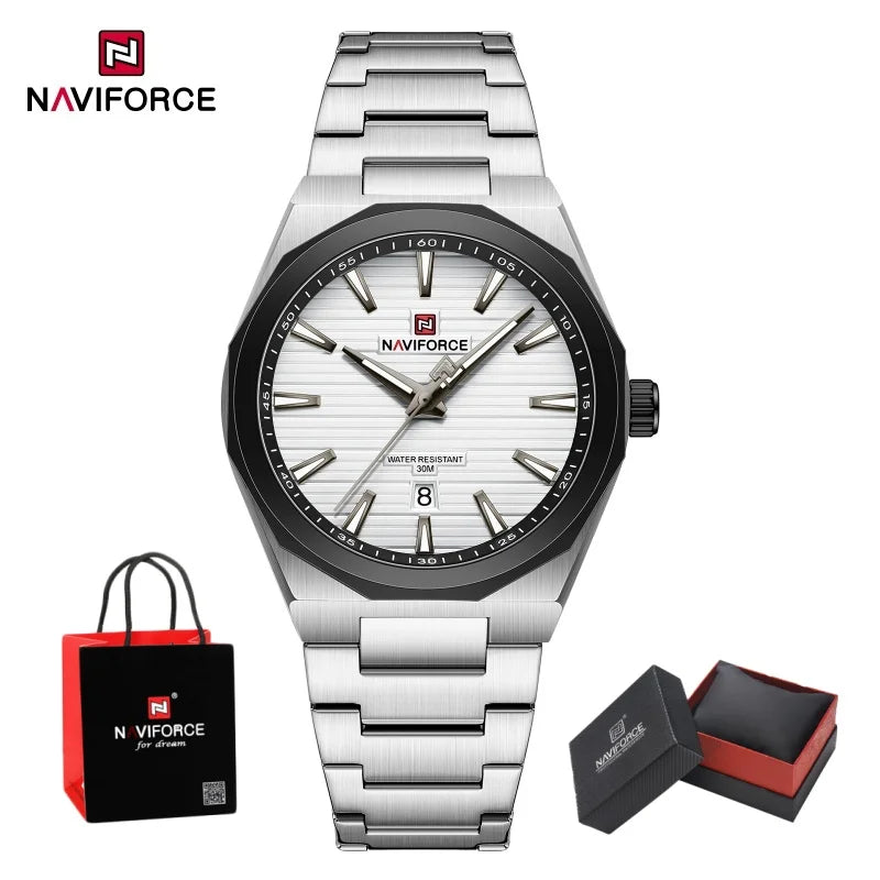 NAVIFORCE Luxury Man's Watch Quartz Date Display Clock Steel Band Fashionable Casual Military Style Wristwatch Gift Box for Male