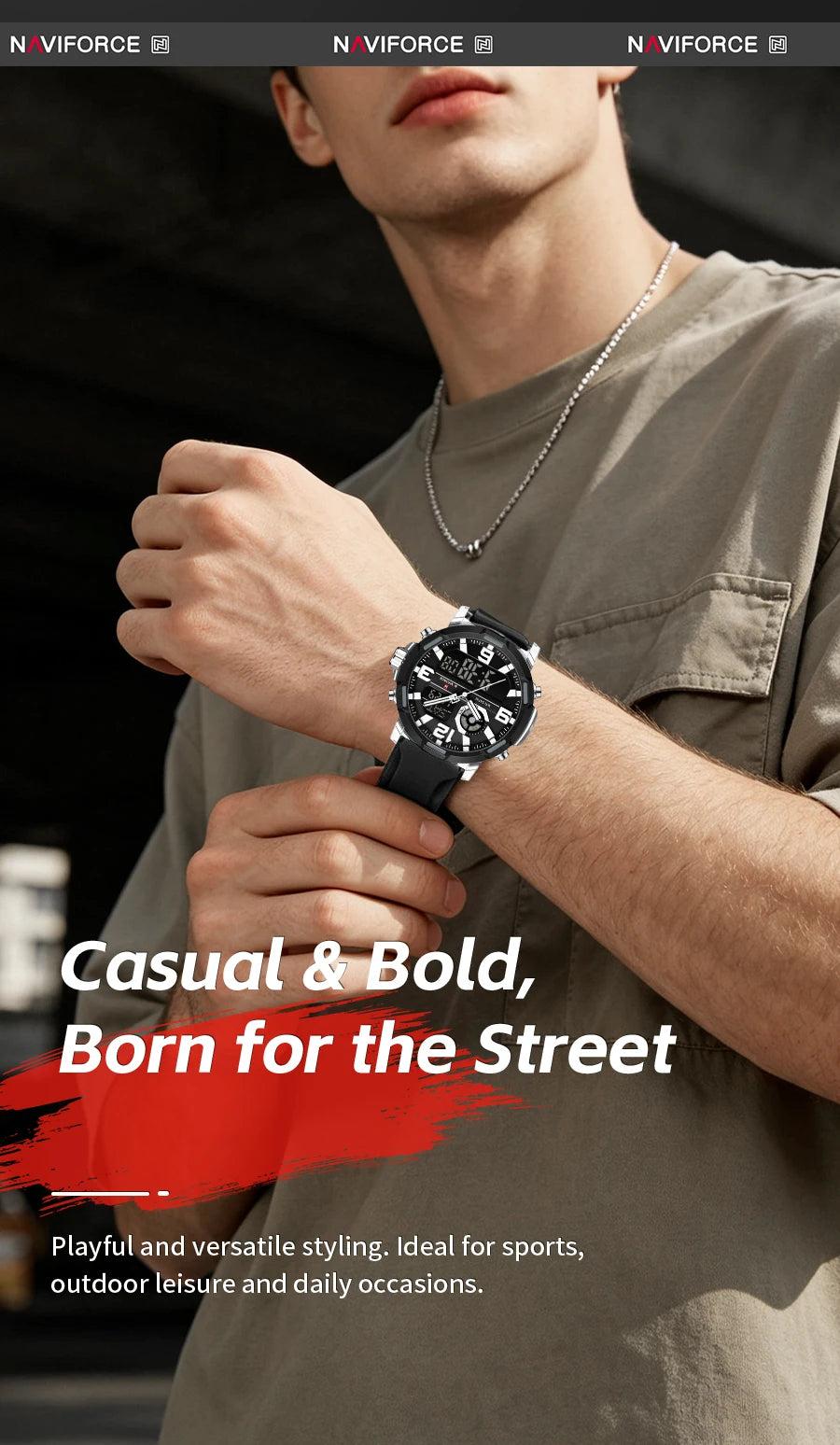 NAVIFORCE Men's Military Quartz Watch Slate Gray Dial White Arabic Numeral Scale 5ATM Waterproof Sports Personality Wristwatches