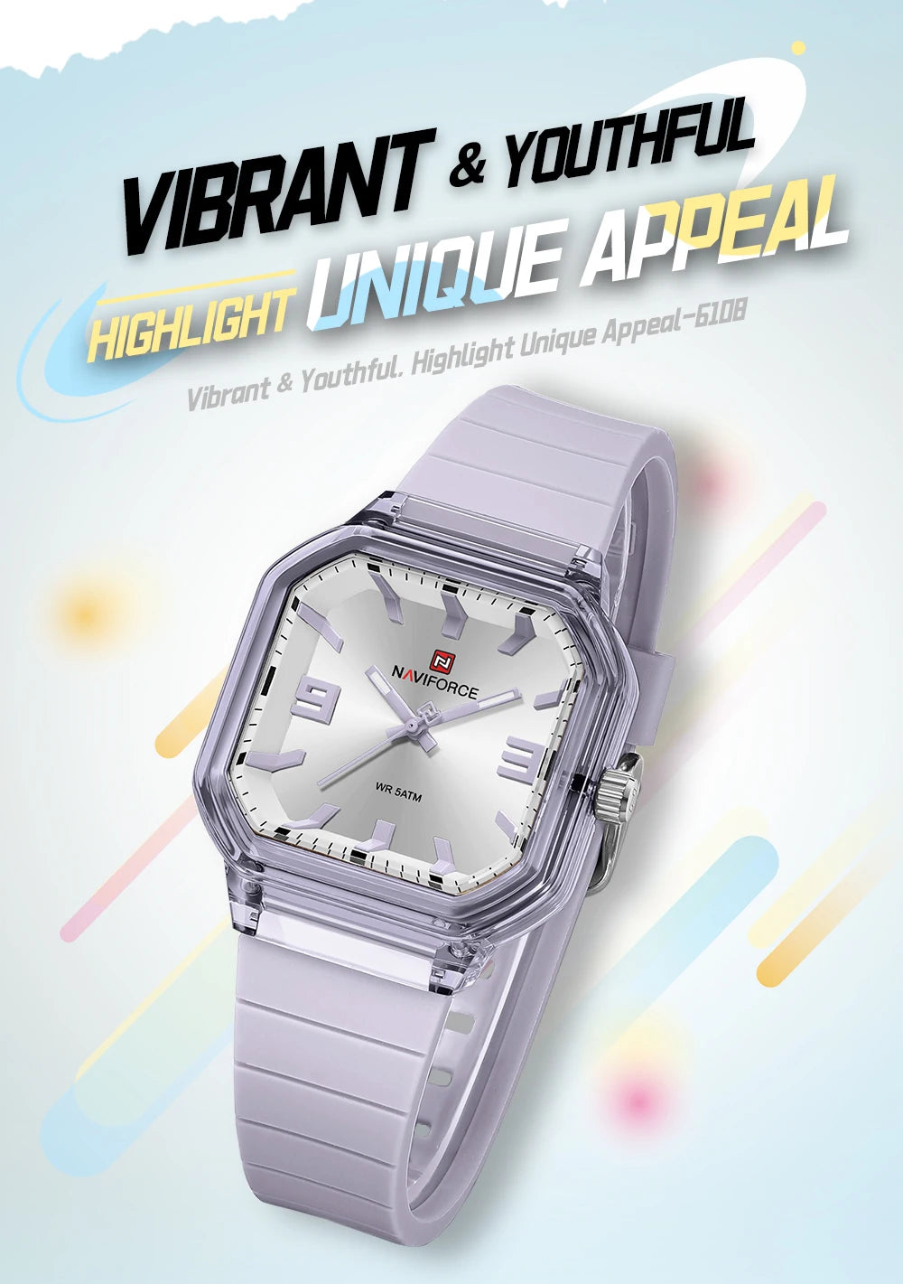 NAVIFORCE Women Polygon Watch Display Silicone Strap 50M Waterproof Luminous Fashionable Elegant Ladis Girls Wristwatch Gift Box