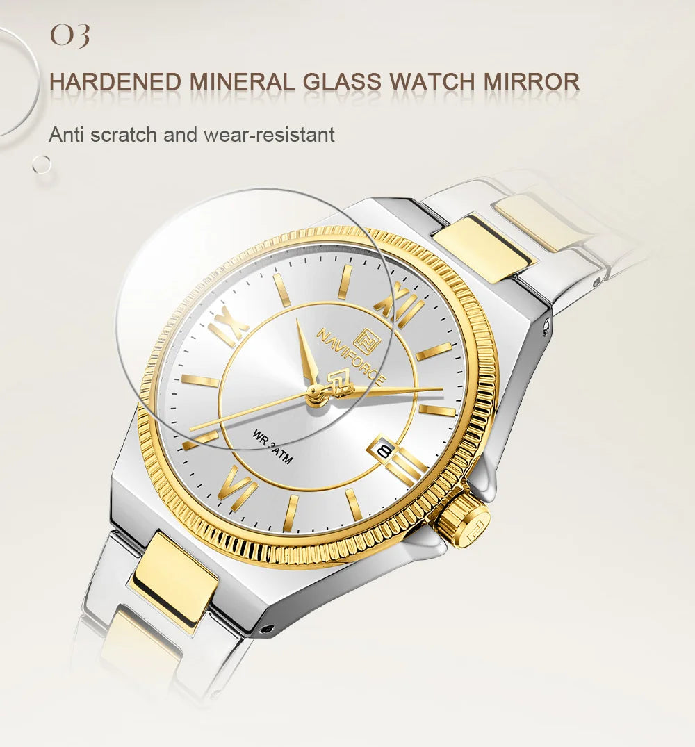 NAVIFORCE Women's Quartz Watch 3ATM Waterproof Date Display Stainless Steel Fashion for Daily Dress Lady Wristwatch Gifts Box
