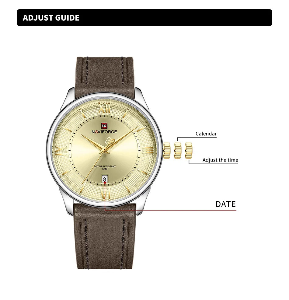 NAVIFORCE Watches For Men Quartz Sports Genuine Leather Strap 3ATM Waterproof Luxury Business Wristwatches Gift for Male New