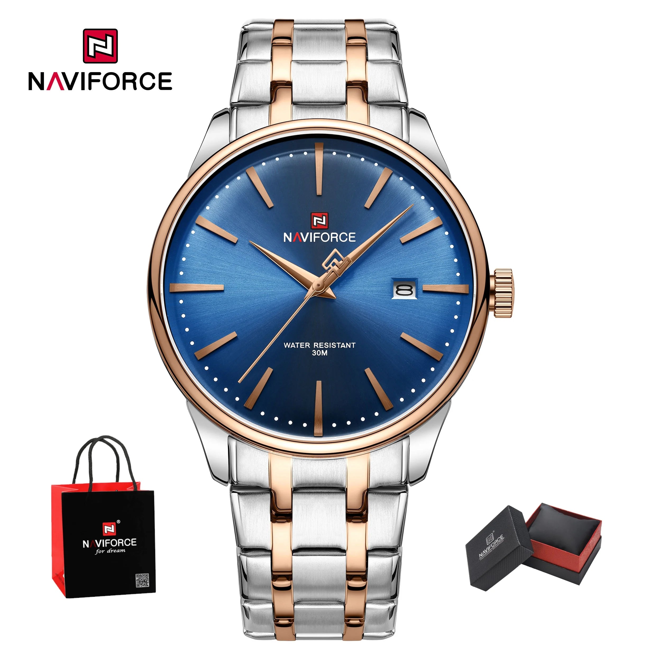 New NAVIFORCE Men's Fashion Business Stainless Steel Strap Quartz Wristwatches Calendar Watch Waterproof Relogio Masculino Gifts