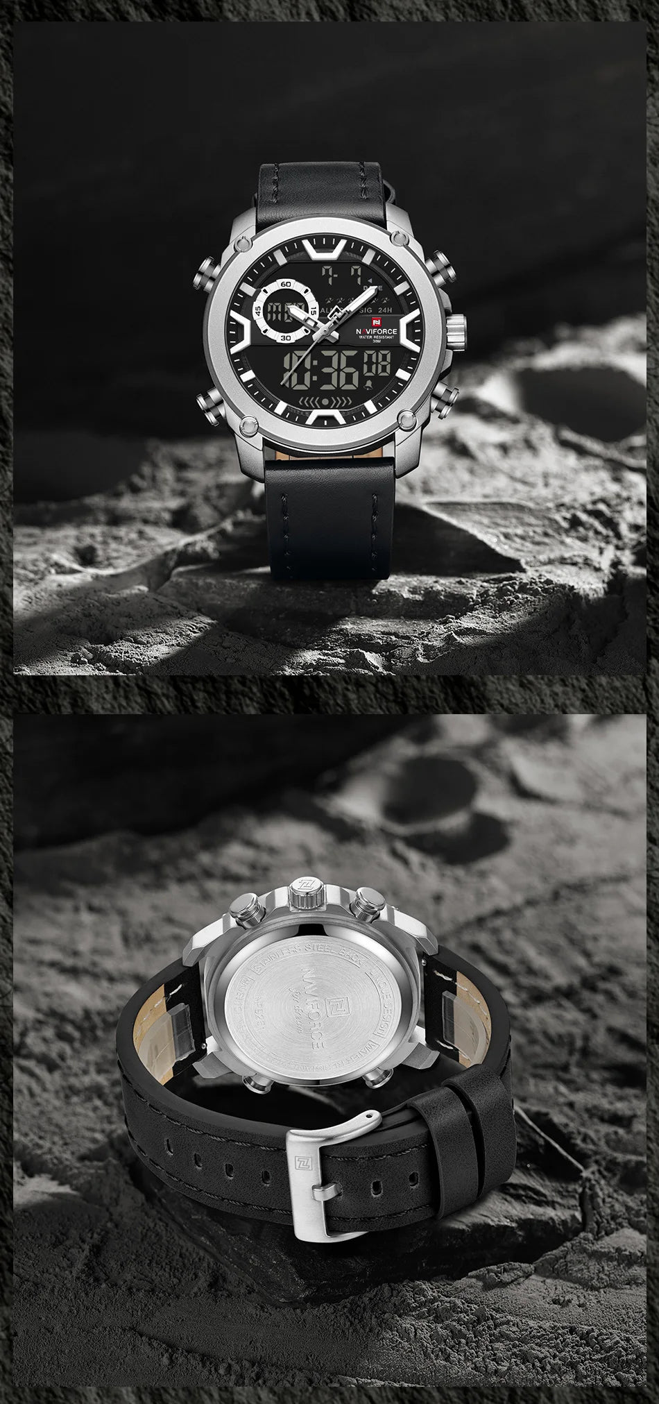 NAVIFORCE Man's Watch Quartz Dual Display Waterproof Leather Strap Alarm Male Simple Fashion Business Casual Wristwatch Gift Box