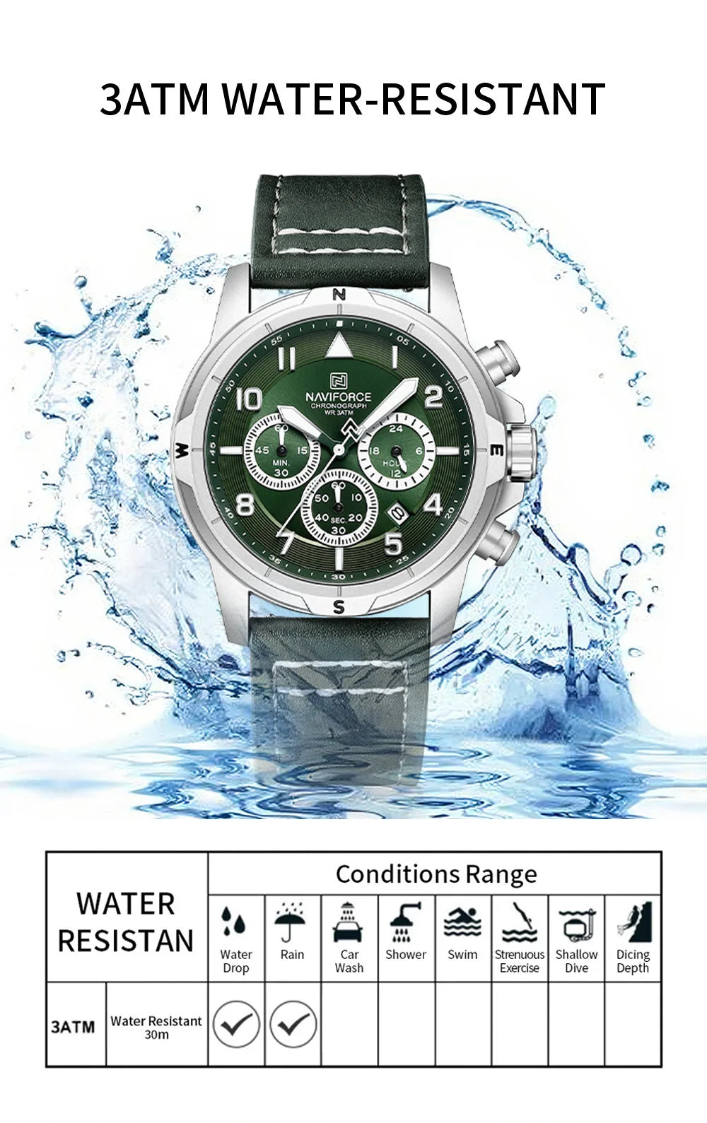 NAVIFORCE Classic Men Quartz Chronograph Watch 3ATM Waterproof Date Display Leather Strap Business Wristwatch Gift Box for Male