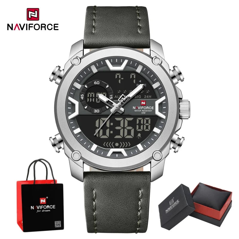 NAVIFORCE Man's Watch Quartz Dual Display Waterproof Leather Strap Alarm Male Simple Fashion Business Casual Wristwatch Gift Box