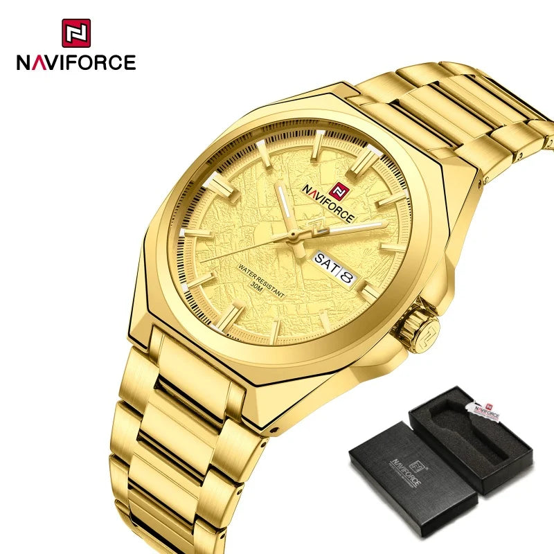 NAVIFORCE Men's Watch Quartz Calendar Week Display Waterproof Luminous Steel Band Male Trendy Outdoor Business Wristwatch NF9273