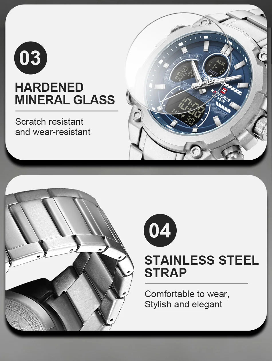 NAVIFORCE Watch For Men Stainless Steel Sport Casual Fashion Dual Display Sport Multifunction Chronograph men Waterproof Watch