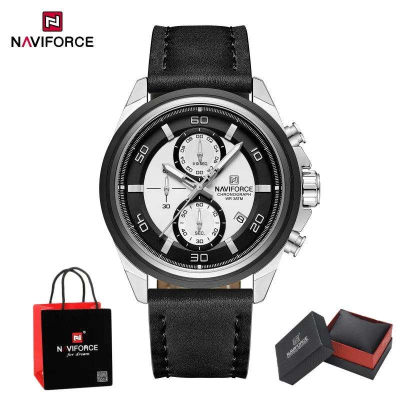 NAVIFORCE Men's Watch Quartz Chronograph Genuine Leather Strap Waterproof Luminous Hand Male Fashion Design Wristwatch Gifts Box
