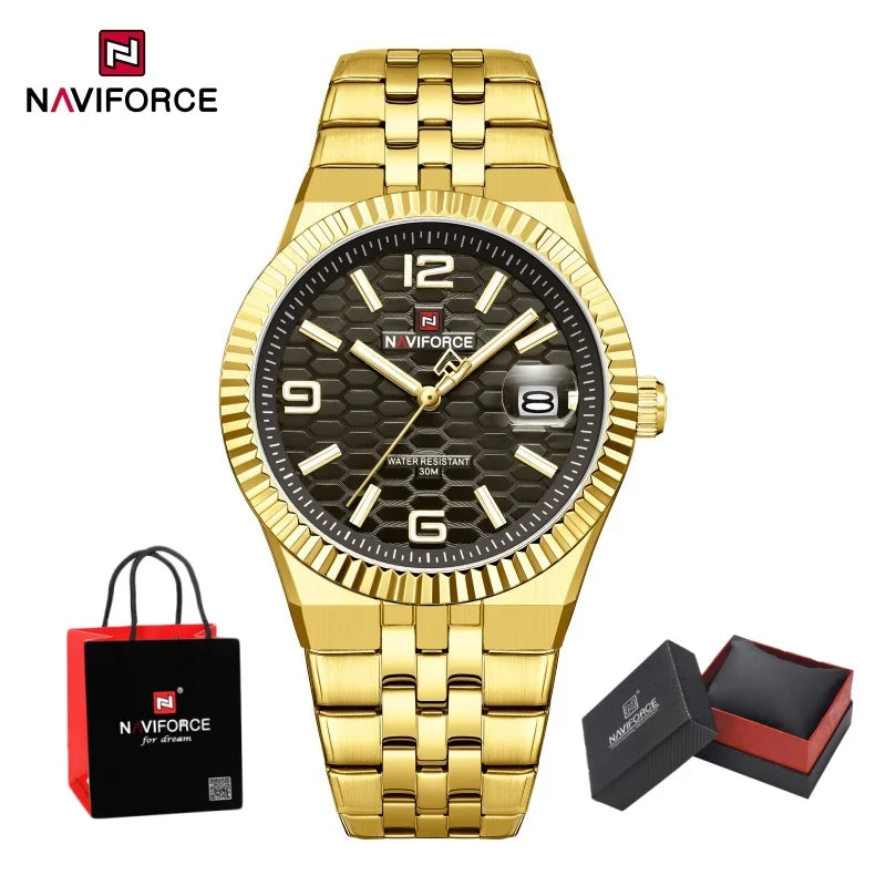 NAVIFORCE Men Watches Quartz Auto Date 3ATM Waterproof Stainless Steel Classic Male Luxury Fashion Business Wristwatch Gift Box